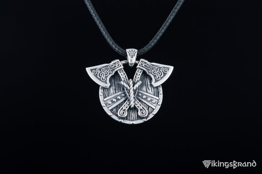 Norse Vikings Shield with Axes Pendant Sterling Silver Viking Jewelry