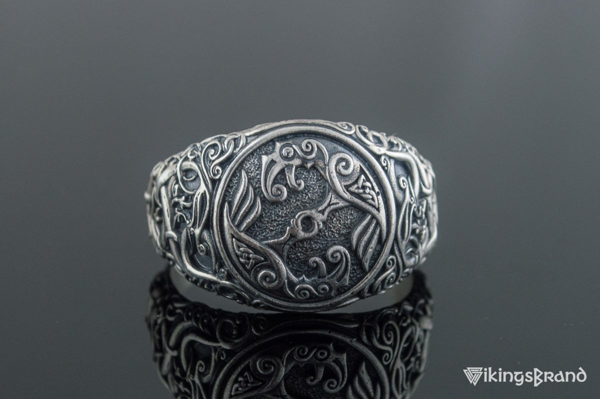 Odin Raven Viking Symbol Ring with Urnes Style Sterling Silver Viking Jewelry
