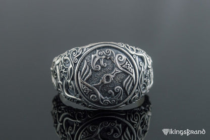 Odin Raven Viking Symbol Ring with Urnes Style Sterling Silver Viking Jewelry
