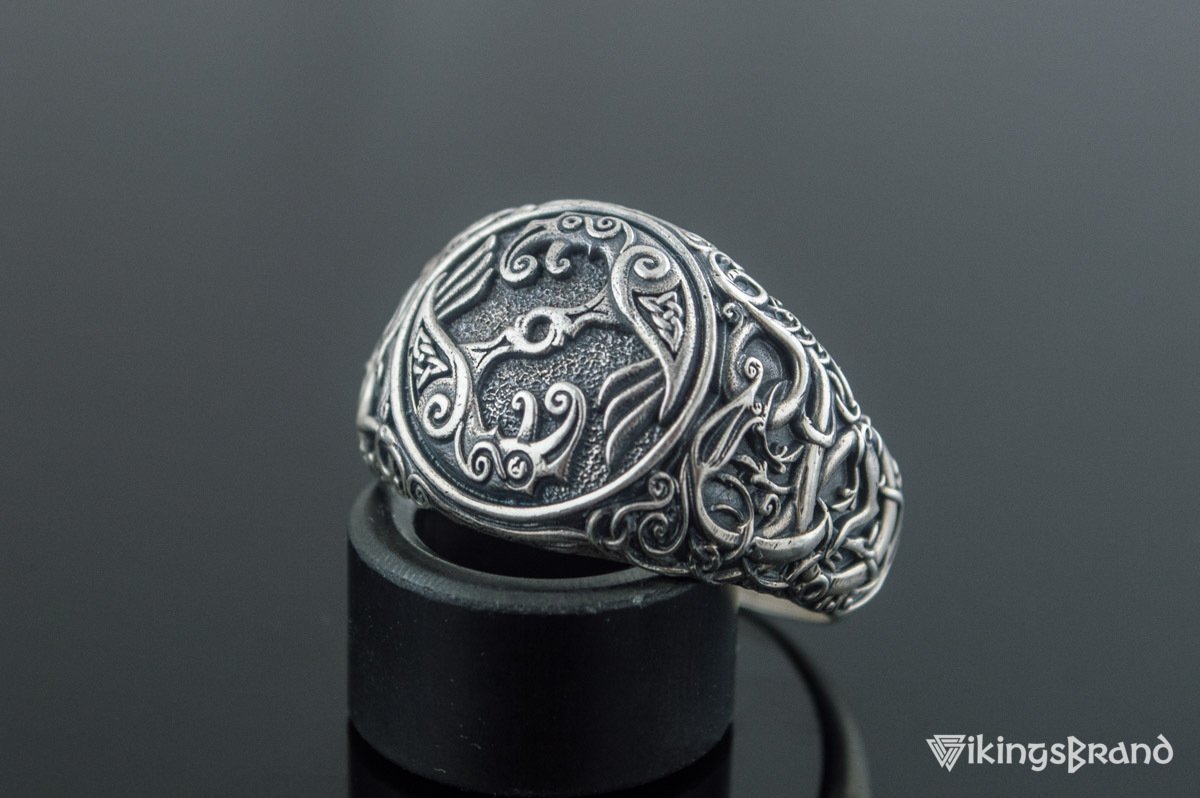 Odin Raven Viking Symbol Ring with Urnes Style Sterling Silver Viking Jewelry