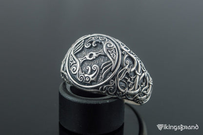 Odin Raven Viking Symbol Ring with Urnes Style Sterling Silver Viking Jewelry