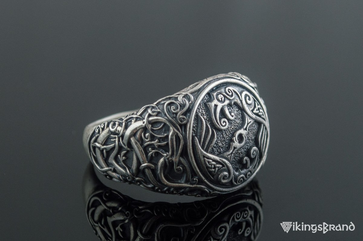 Odin Raven Viking Symbol Ring with Urnes Style Sterling Silver Viking Jewelry