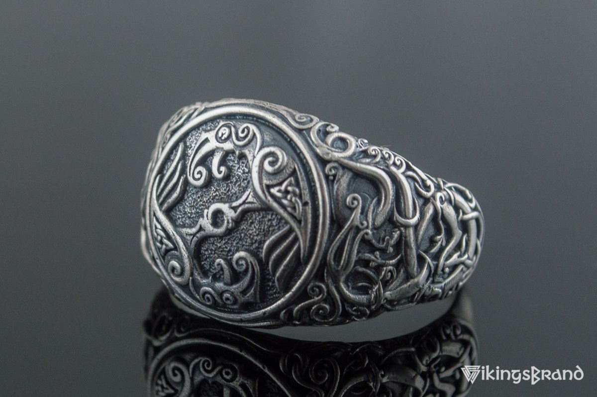 Odin Raven Viking Symbol Ring with Urnes Style Sterling Silver Viking Jewelry