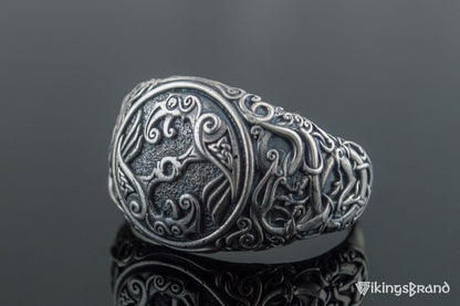 Odin Raven Viking Symbol Ring with Urnes Style Sterling Silver Viking Jewelry