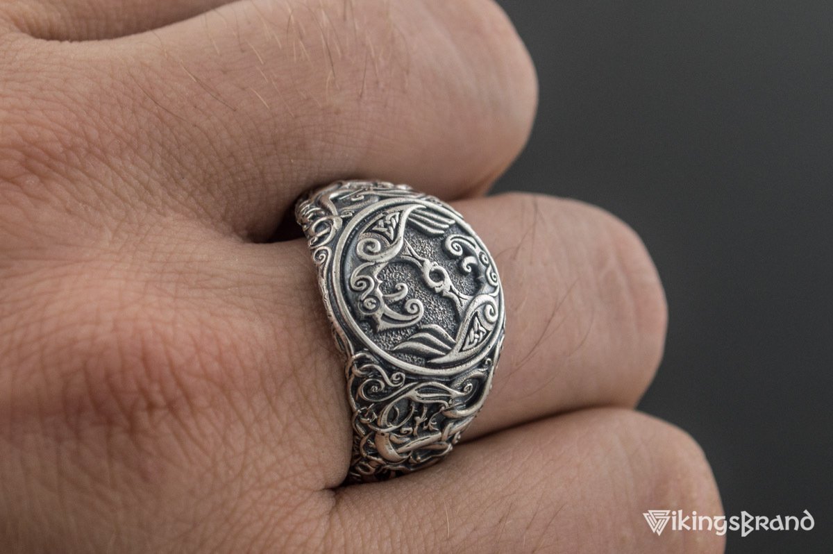 Odin Raven Viking Symbol Ring with Urnes Style Sterling Silver Viking Jewelry
