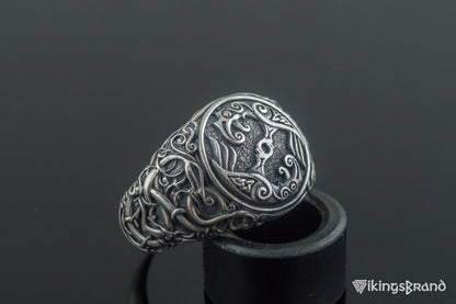 Odin Raven Viking Symbol Ring with Urnes Style Sterling Silver Viking Jewelry