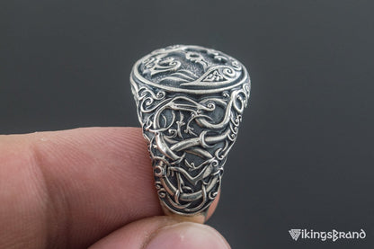 Odin Raven Viking Symbol Ring with Urnes Style Sterling Silver Viking Jewelry