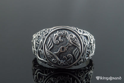 Odin Raven Viking Symbol Ring with Urnes Style Sterling Silver Viking Jewelry