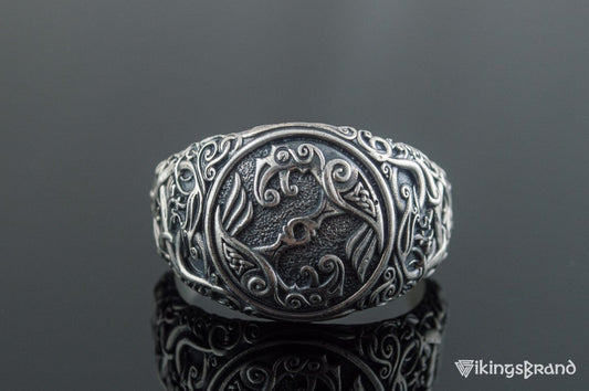 Odin Raven Viking Symbol Ring with Urnes Style Sterling Silver Viking Jewelry