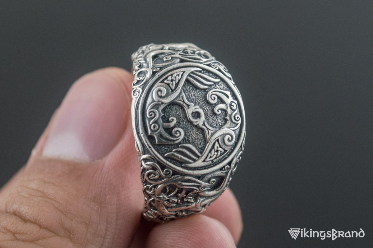 Odin Raven Viking Symbol Ring with Urnes Style Sterling Silver Viking Jewelry