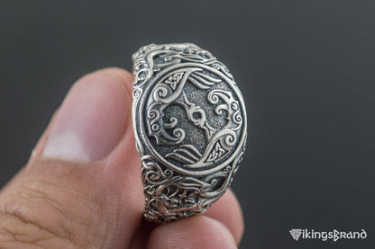 Odin Raven Viking Symbol Ring with Urnes Style Sterling Silver Viking Jewelry