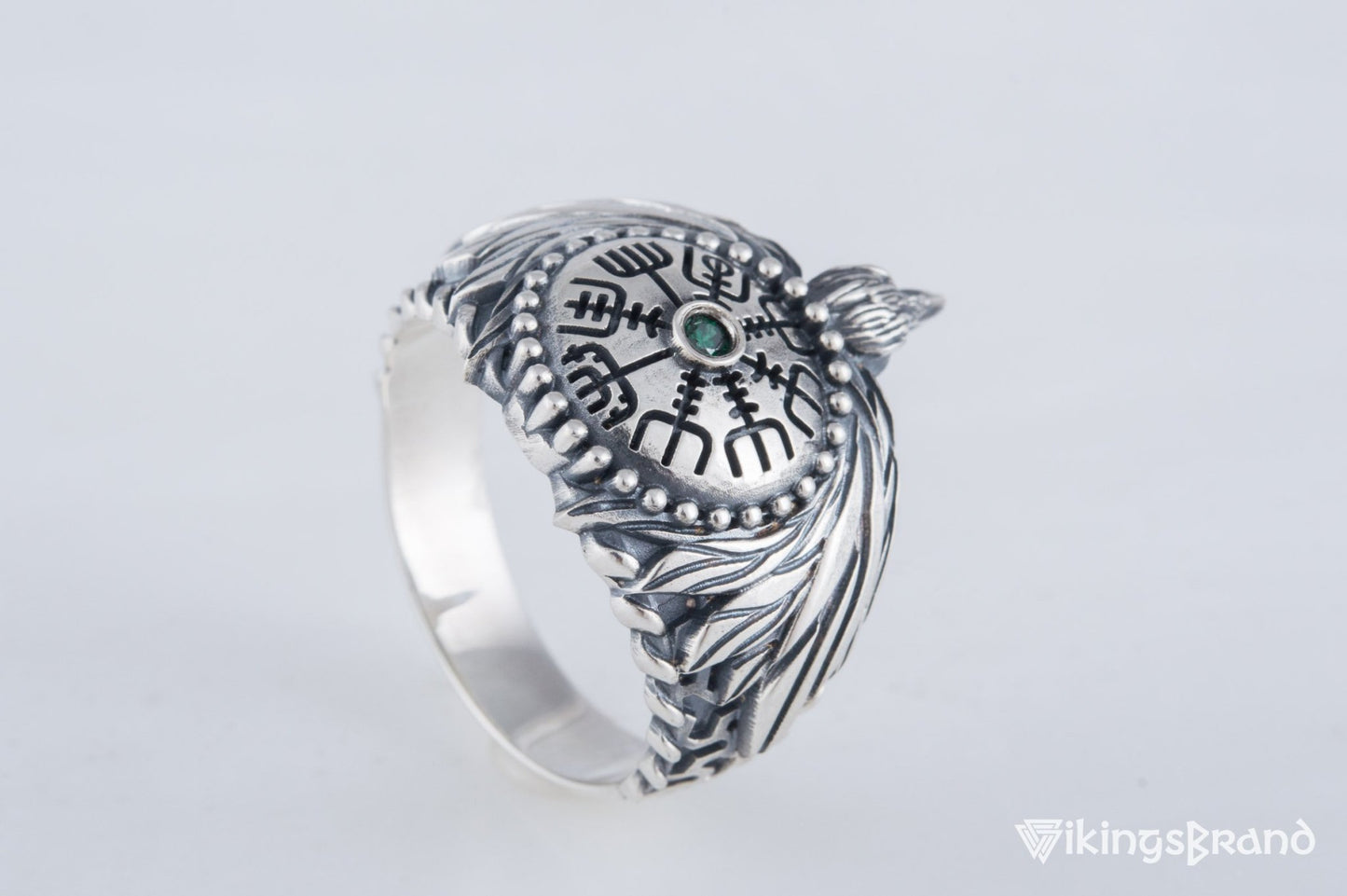 Odin Viking Raven Ring with Vegvisir Symbol Sterling Silver Norse Jewelry