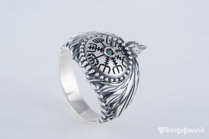 Odin Viking Raven Ring with Vegvisir Symbol Sterling Silver Norse Jewelry