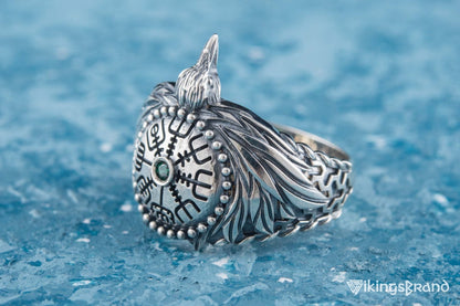Odin Viking Raven Ring with Vegvisir Symbol Sterling Silver Norse Jewelry
