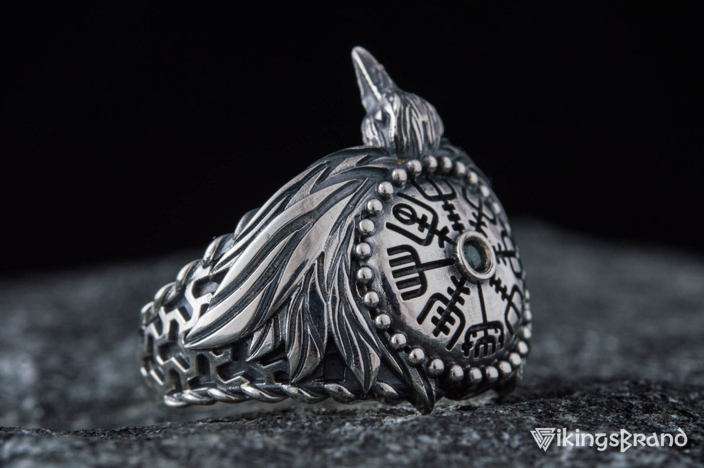 Odin Viking Raven Ring with Vegvisir Symbol Sterling Silver Norse Jewelry