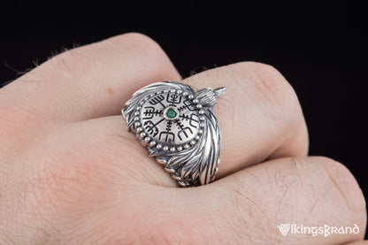 Odin Viking Raven Ring with Vegvisir Symbol Sterling Silver Norse Jewelry