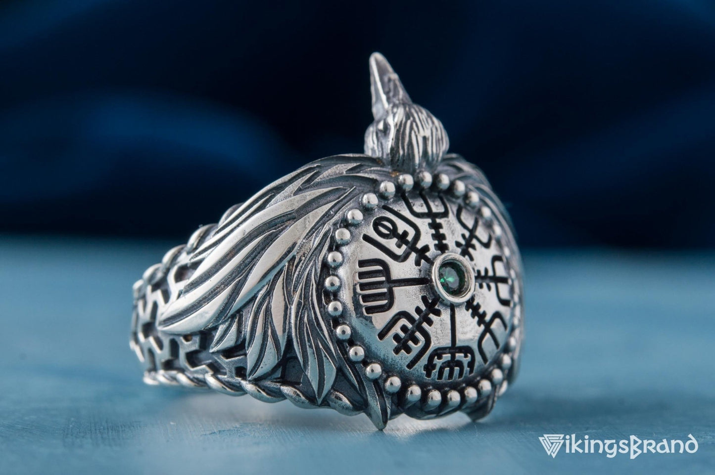 Odin Viking Raven Ring with Vegvisir Symbol Sterling Silver Norse Jewelry