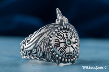 Odin Viking Raven Ring with Vegvisir Symbol Sterling Silver Norse Jewelry