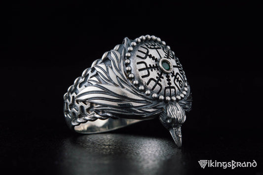 Odin Viking Raven Ring with Vegvisir Symbol Sterling Silver Norse Jewelry