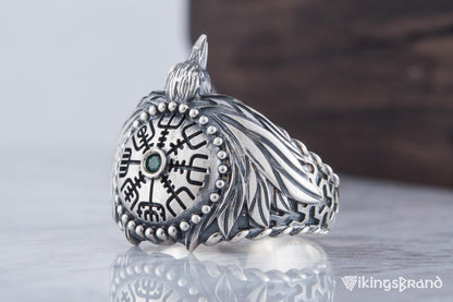 Odin Viking Raven Ring with Vegvisir Symbol Sterling Silver Norse Jewelry