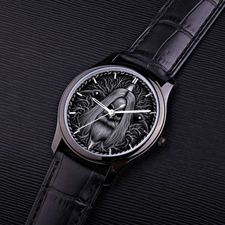 Odin with Ravens Viking Watch - 30 Meters Waterproof Quartz Watch With Black Genuine Leather Band - VikingsBrand