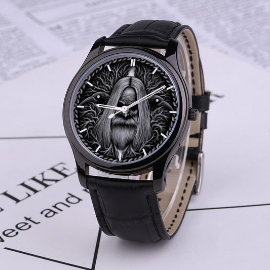 Odin with Ravens Viking Watch - 30 Meters Waterproof Quartz Watch With Black Genuine Leather Band - VikingsBrand