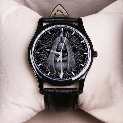 Odin with Ravens Viking Watch - 30 Meters Waterproof Quartz Watch With Black Genuine Leather Band - VikingsBrand