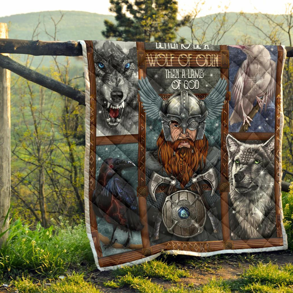 Odin with Wolves Geri & Freki & Ravens Huginn & Munnin Premium Quilt - VikingsBrand