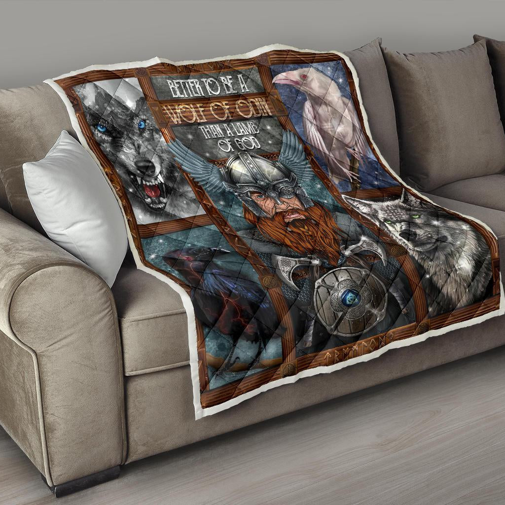 Odin with Wolves Geri & Freki & Ravens Huginn & Munnin Premium Quilt - VikingsBrand