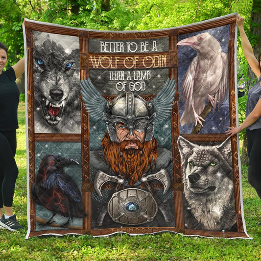 Odin with Wolves Geri & Freki & Ravens Huginn & Munnin Premium Quilt - VikingsBrand