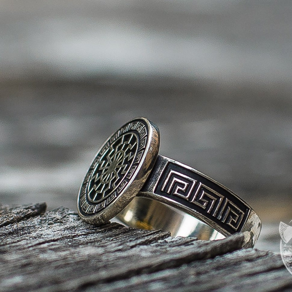 Ornamental Black Sun 925 Sterling Silver Viking Ring - VikingsBrand