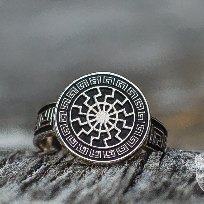 Ornamental Black Sun 925 Sterling Silver Viking Ring - VikingsBrand