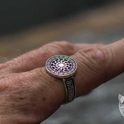 Ornamental Black Sun 925 Sterling Silver Viking Ring - VikingsBrand
