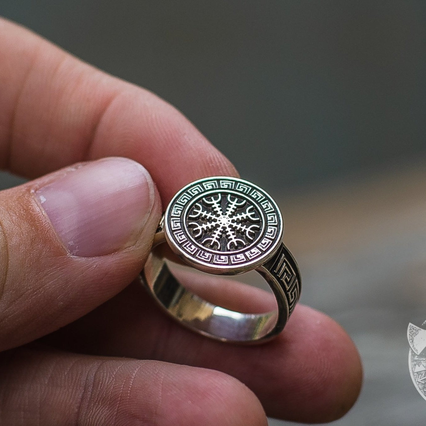 Ornamental Helm of Awe Symbol 925 Sterling Silver Viking Ring - VikingsBrand