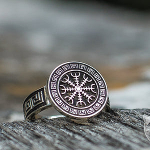 Ring mit Schreckenshelm (Ægishjálmr) und Runenrand aus 925er Sterlingsilber