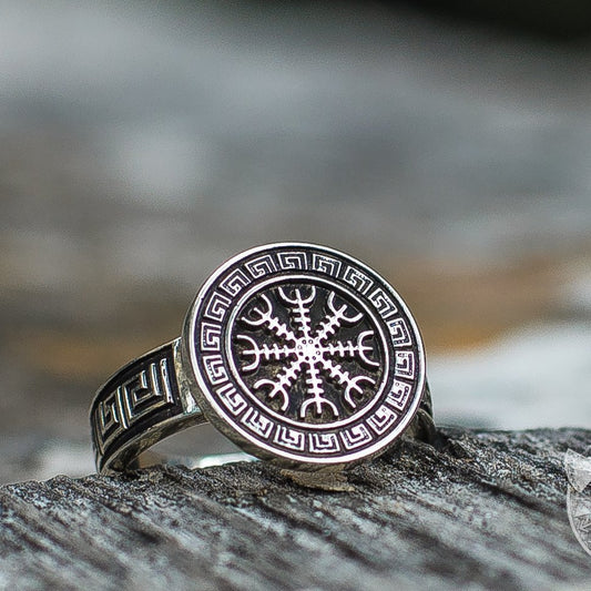 Ornamental Helm of Awe Symbol 925 Sterling Silver Viking Ring - VikingsBrand