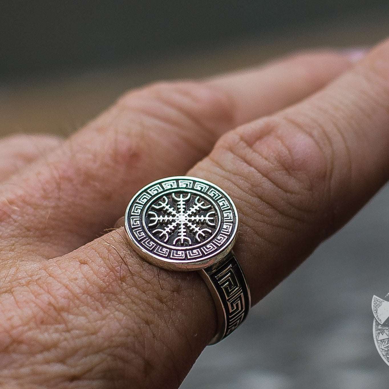 Ornamental Helm of Awe Symbol 925 Sterling Silver Viking Ring - VikingsBrand