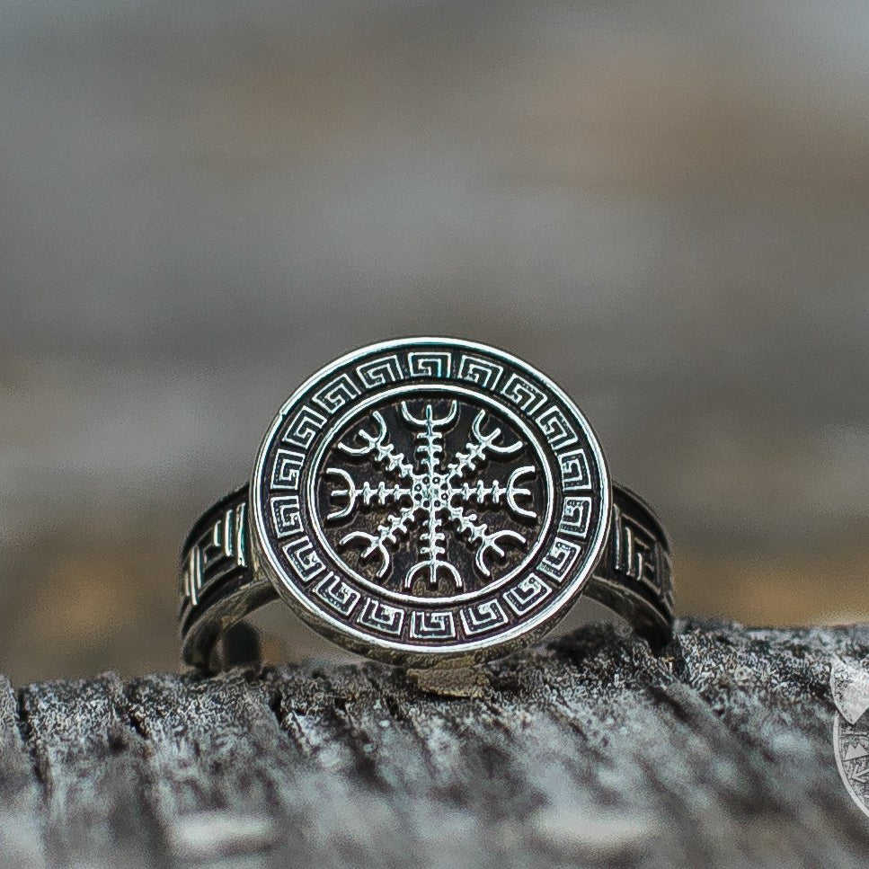 Ornamental Helm of Awe Symbol 925 Sterling Silver Viking Ring - VikingsBrand