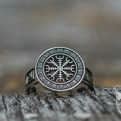 Ornamental Helm of Awe Symbol 925 Sterling Silver Viking Ring - VikingsBrand