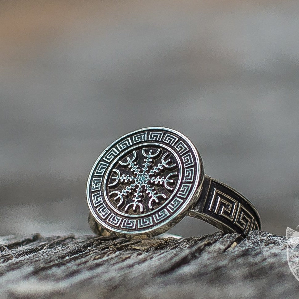 Ornamental Helm of Awe Symbol 925 Sterling Silver Viking Ring - VikingsBrand