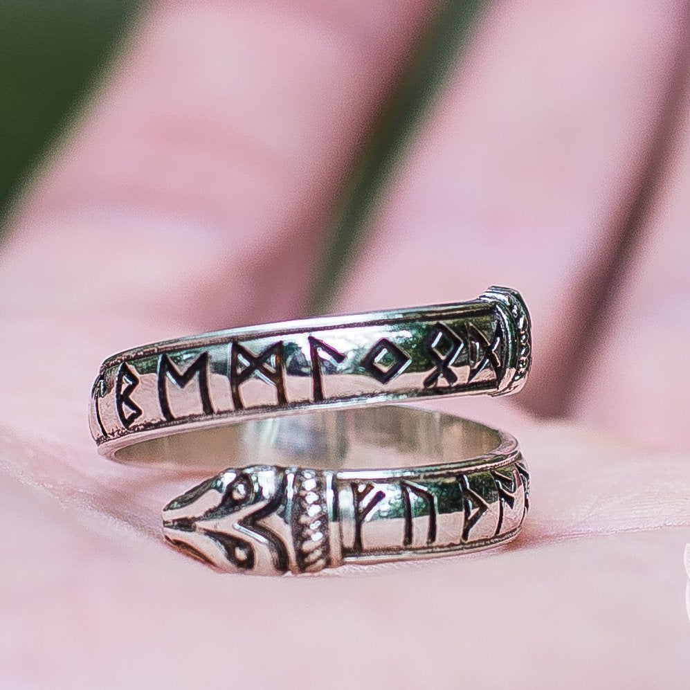 Ouroboros Runes with Elder Futhark 925 Sterling Silver Viking Ring - VikingsBrand