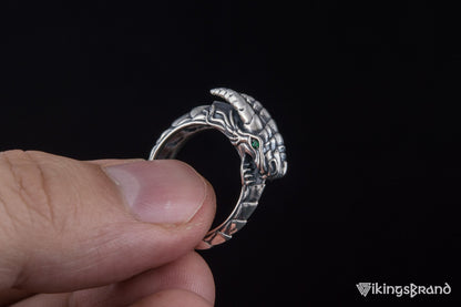 Ouroboros Viking Ring with Gem Sterling Silver Handmade Jewelry