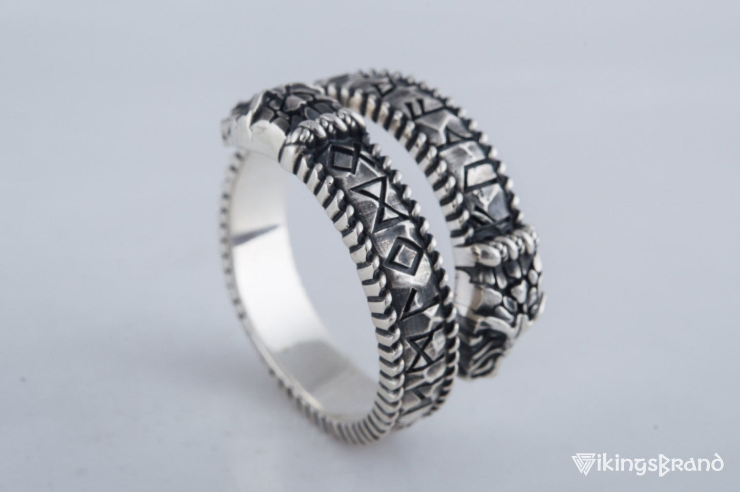 Ouroboros Viking Ring with Runes Ornament Sterling Silver Norse Jewelry