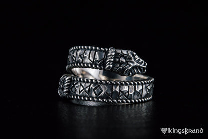 Ouroboros Viking Ring with Runes Ornament Sterling Silver Norse Jewelry