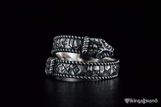 Ouroboros Viking Ring with Runes Ornament Sterling Silver Norse Jewelry