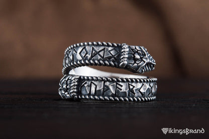 Ouroboros Viking Ring with Runes Ornament Sterling Silver Norse Jewelry