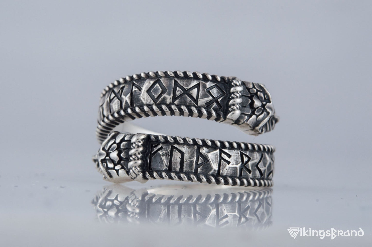 Ouroboros Viking Ring with Runes Ornament Sterling Silver Norse Jewelry