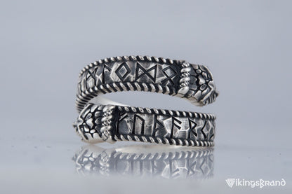Ouroboros Viking Ring with Runes Ornament Sterling Silver Norse Jewelry