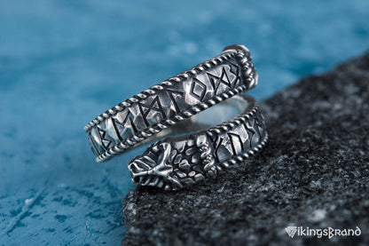 Ouroboros Viking Ring with Runes Ornament Sterling Silver Norse Jewelry
