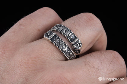 Ouroboros Viking Ring with Runes Ornament Sterling Silver Norse Jewelry